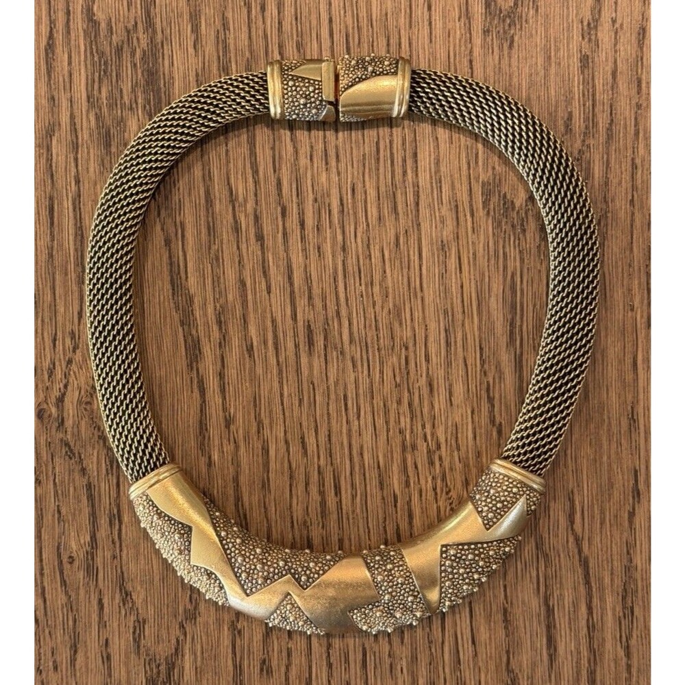Vtg Monet 80’s Abstract Brutalist Gold Tone Mesh Collar Necklace Geometric Snap